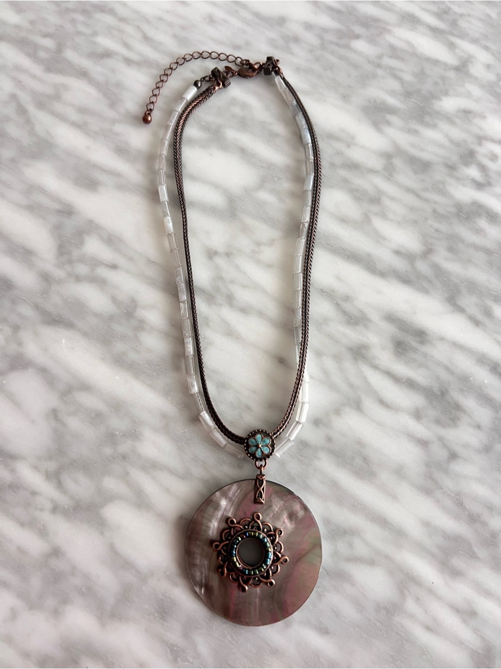 Copper-Tone Glass and Shell Pendant Necklace with Turquoise Accent
